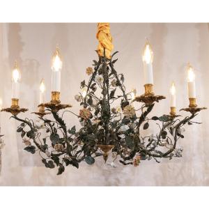 Bronze And Sheet Metal Chandelier With Branch Decor And Meissen Porcelain, Late 18th Century