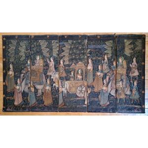 India Perse Table Screen Gouache On Fabric "caravan Of Dignitaries" Circa 1900