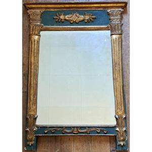 Petit miroir de cheminée de style Louis XVI directoire en bois doré et laqué