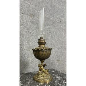 20th Century Gilt Bronze Cherub Oil Lamp 