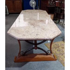 After Raymond Subes: Huge Art Deco Table In Oak, Marble And Iron