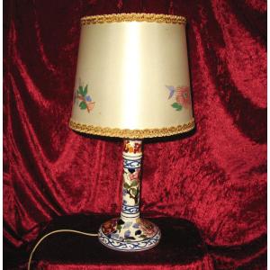 Candlestick-shaped Lamp In Gien Earthenware With Peony Decoration And Its Original Lampshade