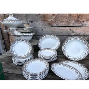 Dinnerware Set 35 Pieces Earthenware Onnaing Roses Mousses Grisaille Terre De Fer