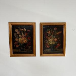 Painting, Oil On Canvas, Pair Of Large Flower Still Life - Europe 18th Century