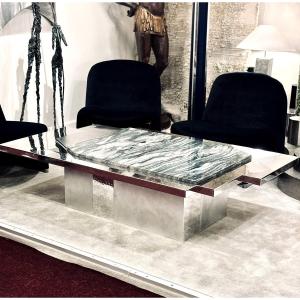 Coffee Table In Quartzite Stone, Stainless Steel And Aluminum.