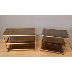 Italy 1970: 2 Serving Tables On Wheels Trolley Gold Metal And Tinted Glass  