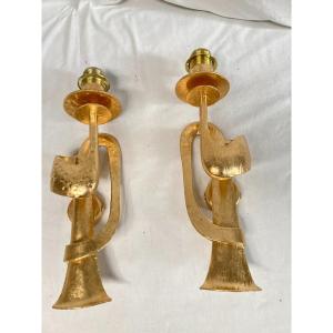 Pair Of "brutalist" Gilt Bronze Wall Lights