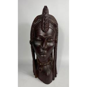 Jeune Africaine Sculpture En Bois Massif Vers 1960