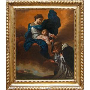 Cerchia di Domenico Piola (Genova, 1627 – 1703)  Madonna con il Bambino e San Domenico