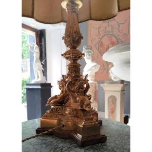 Lampada Napoleone III, in bronzo, XIX secolo, decorata con motivi marini