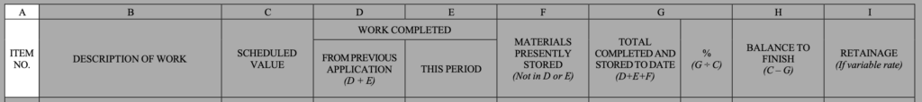 Image of the table fields in the AIA G703 with column A highlighted