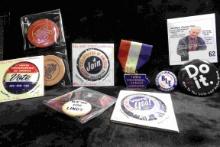 Pins, Pinbacks, & Poker Chips. Interesting group.