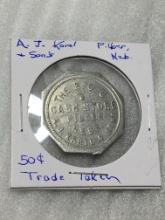 The R. C. U. Cash Store Pilger Nebraska A. J. Karel & Sons 50 Cent Trade Token