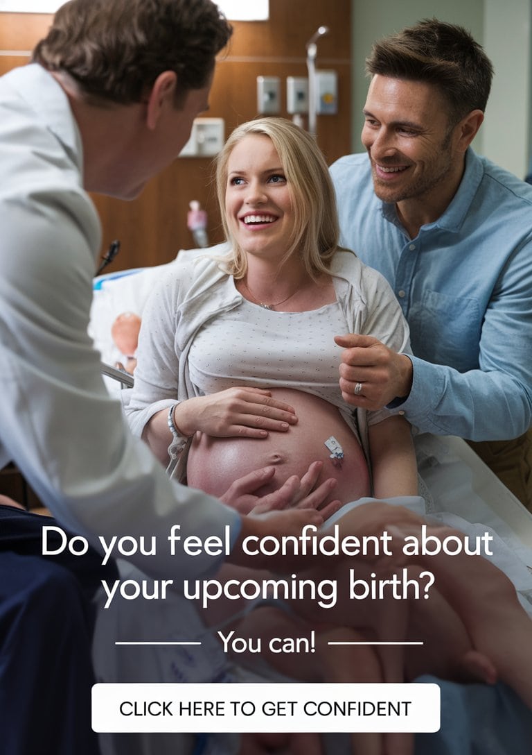 A cinematic shot of a happy pregnant couple in a hospital room. The woman is giving birth with the help of a doctor. The man is holding her hand and looking at her with love and support. There is a text overlay that says "Do you feel CONFIDENT about your upcoming birth?". Below the text, there is a subtitle that says "You can!". At the bottom, there is a "click here to get confident" button.