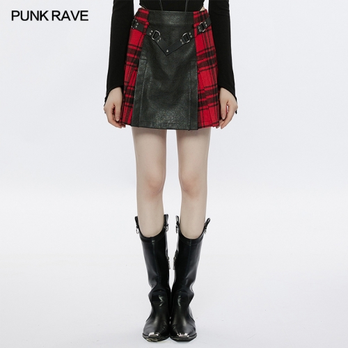 Punk Rave OPQ-1318DQF Rigid Cracked Fine Faux Leather Comfortable And Warm Plaid Splicing Skirt