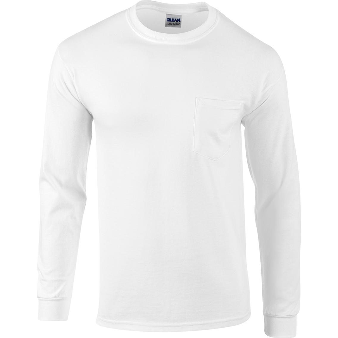 Gildan Adult Ultra Cotton Long-Sleeve Pocket T-Shirts (Men's, White) Large