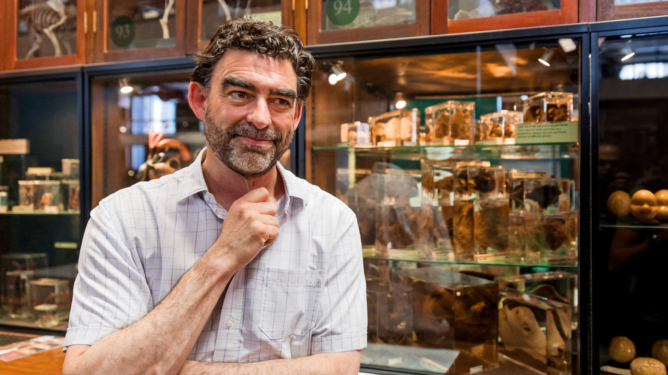 Nick Lane of University College London in an exhibit hall at the Grant Museum of Zoology.