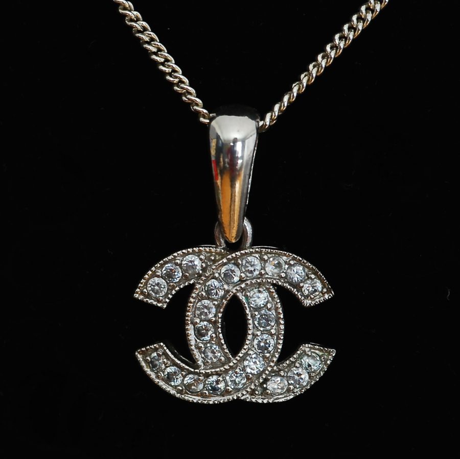 Sterling Silver Long Necklace Featuring Chanel Logo With Crystal Accents