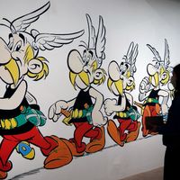 Dessin représentant l'évolution du personnage d'Astérix exposé à l'exposition "Uderzo, Comme une potion magique" au musée Maillol, le 25 mai 2021 à Paris.