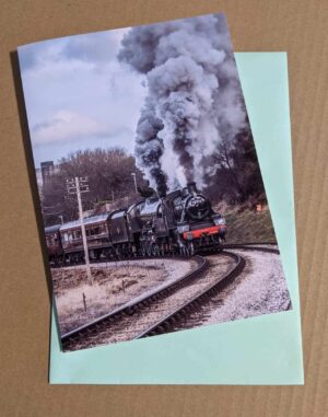 Greetings card featuring steam locomotive 78022 and 45596 Bahamas on the Keighley and Worth Valley Railway