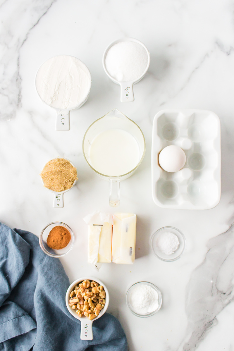 ingredients displayed for making cinnamon roll cake