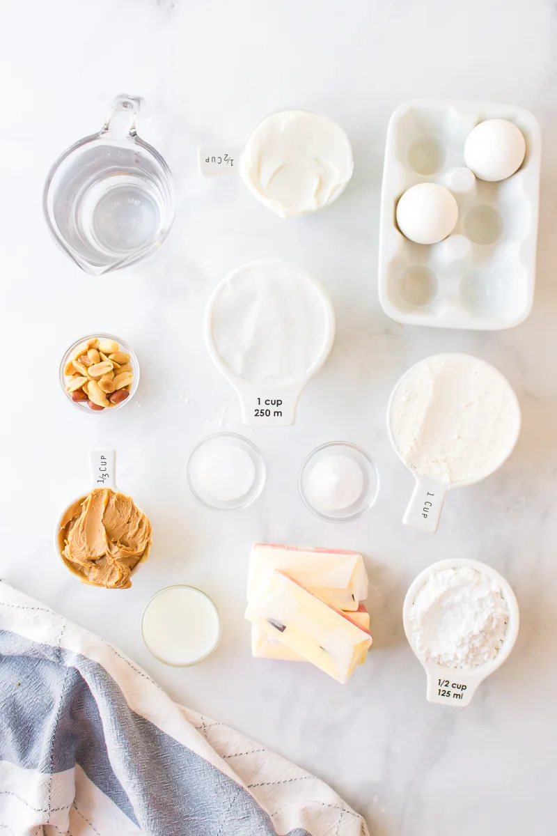 ingredients displayed for making peanut butter sheet cake