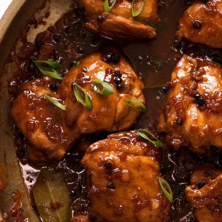 Filipino Chicken Adobo in a skillet, fresh off the stove