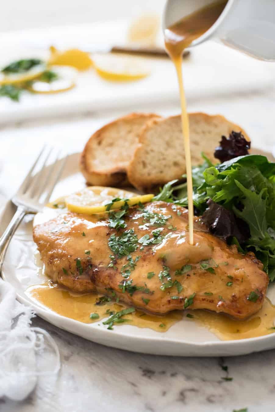 Honey Lemon Chicken - Golden brown chicken breast with a gorgeous honey lemon sauce. On the table in 15 minutes! recipetineats.com