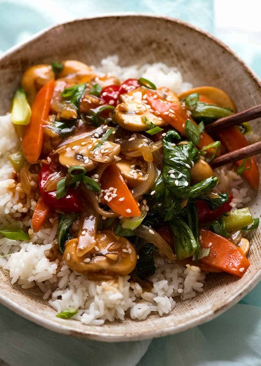 Saucy Vegetable Stir Fry served over rice