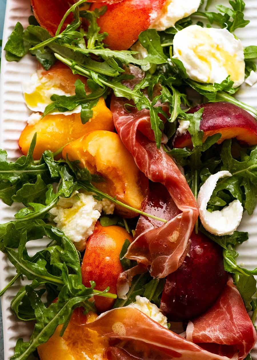 Overhead close up of Peach Salad on a platter ready to be served