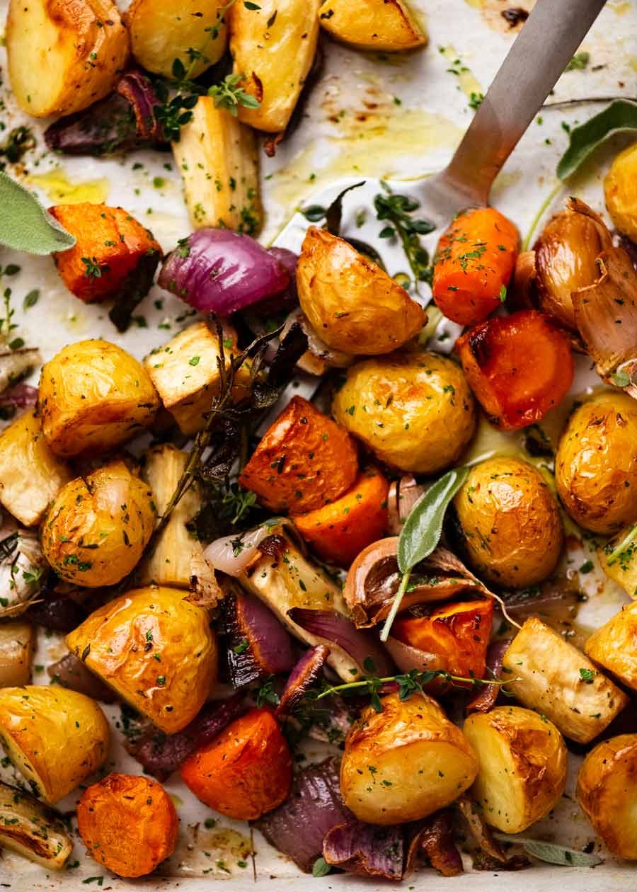 Close up of tray of Roasted Vegetables fresh out of the oven