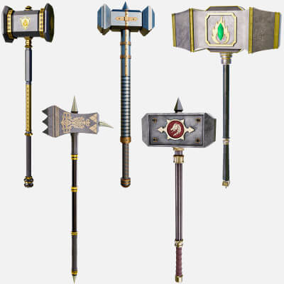 5 Battle Hammers Collection All PBR Unity UE Textures