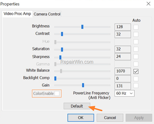 Reset Camera Settings Skype