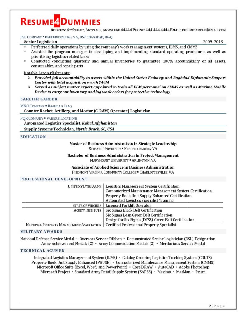 Logistics Resume Template Free