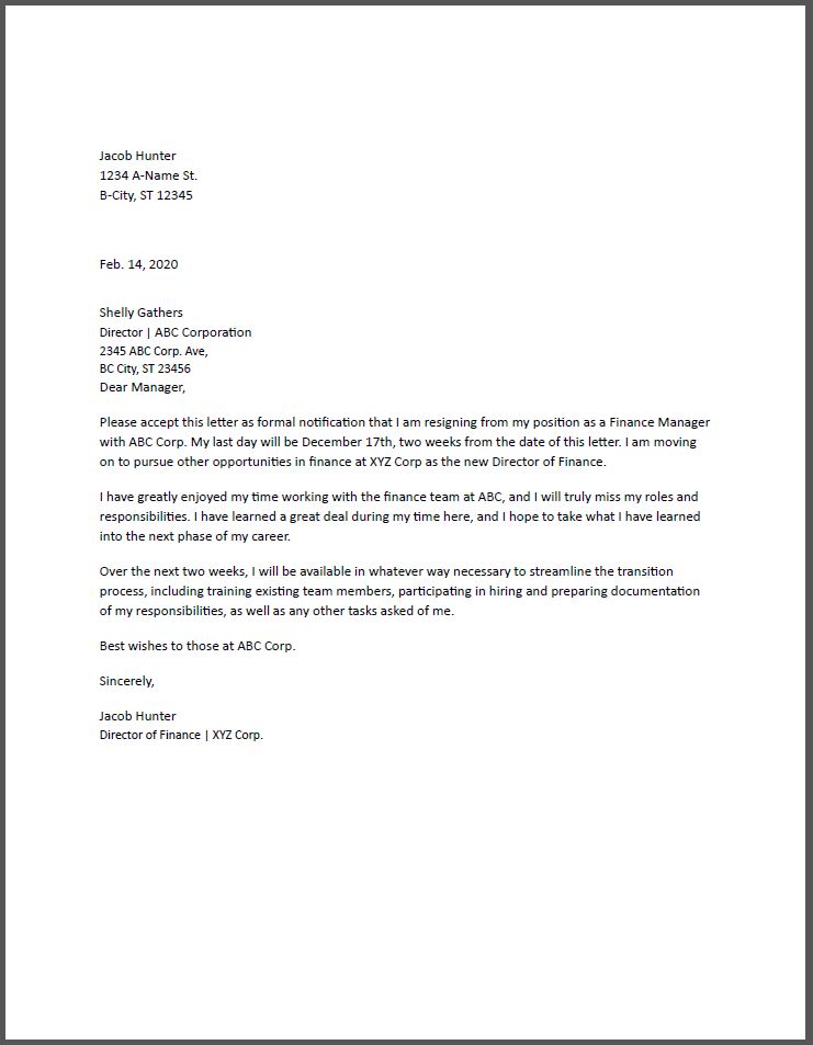 Draft Letter Of Resignation Template