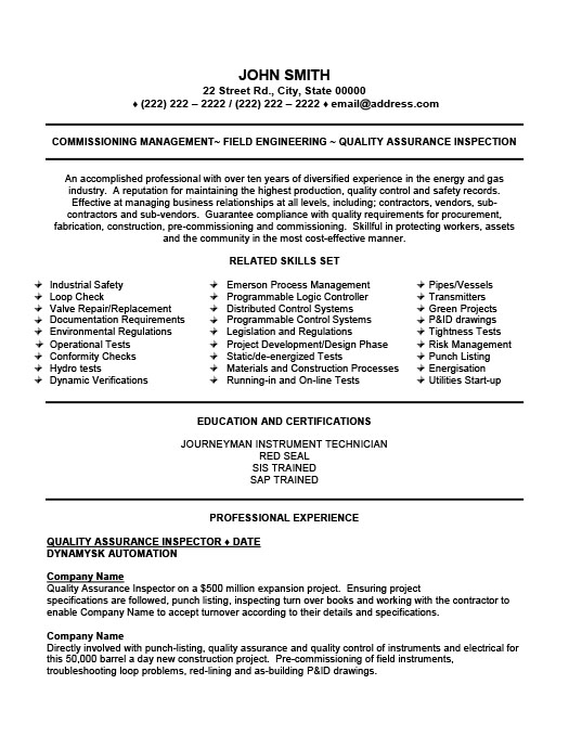 Quality Assurance Inspector Resume Template Premium Resume Samples ...