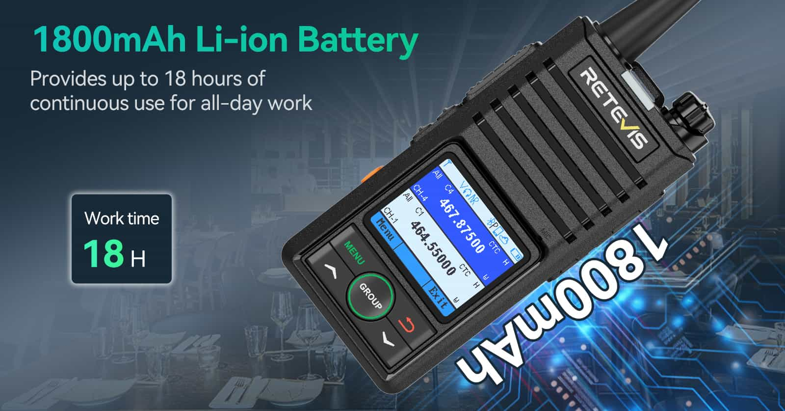 RB58 1800mAh battery-up to 18 hours of continuous use