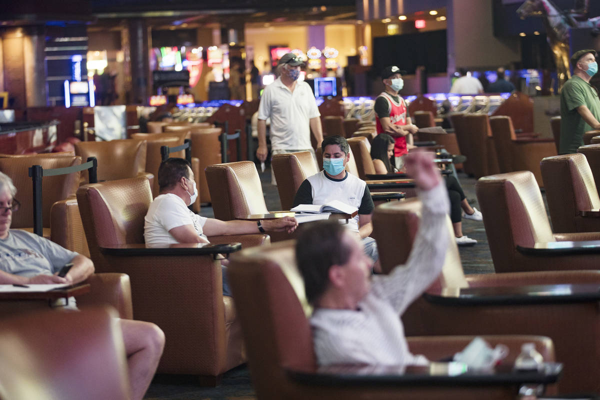 The Westgate Sportsbook on the first day of the casino reopening after the coronavirus pandemic ...