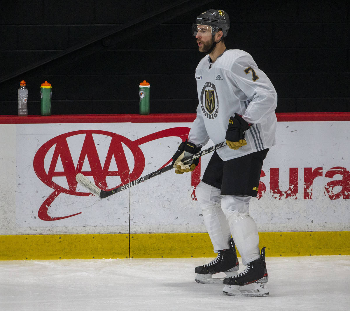 Golden Knights defenseman Alex Pietrangelo (7) skates during training camp on Wednesday, Jan. 6 ...