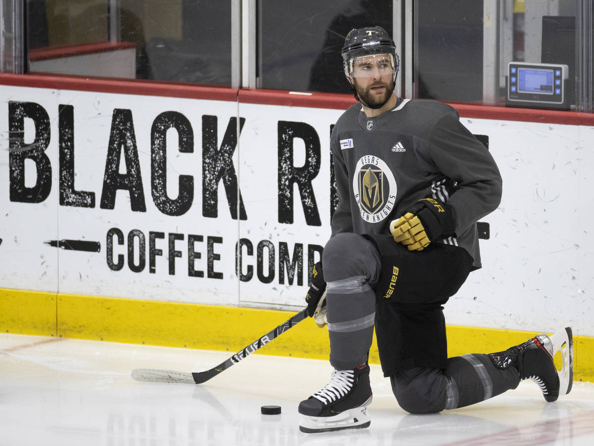 Golden Knights defenseman Alex Pietrangelo (7) stretches during practice at City National Arena ...