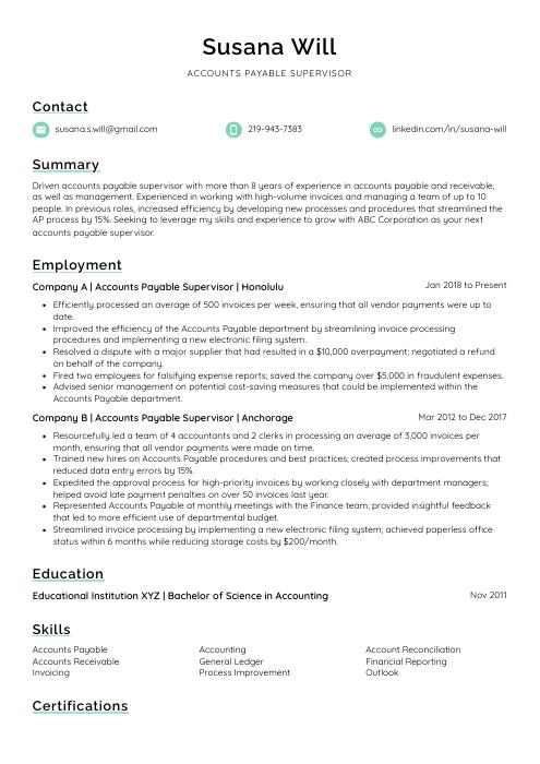 Accounts Payable Supervisor Resume (CV) Example and Writing Guide