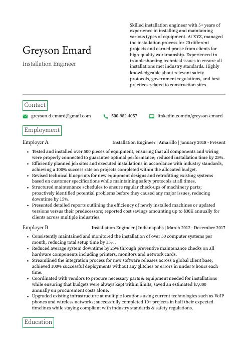 Installation Engineer Resume (CV) Example and Writing Guide