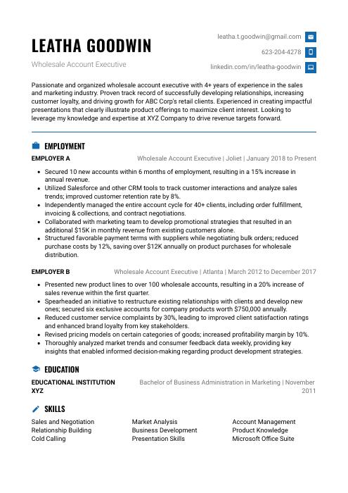 Wholesale Account Executive Resume (CV) Example and Writing Guide