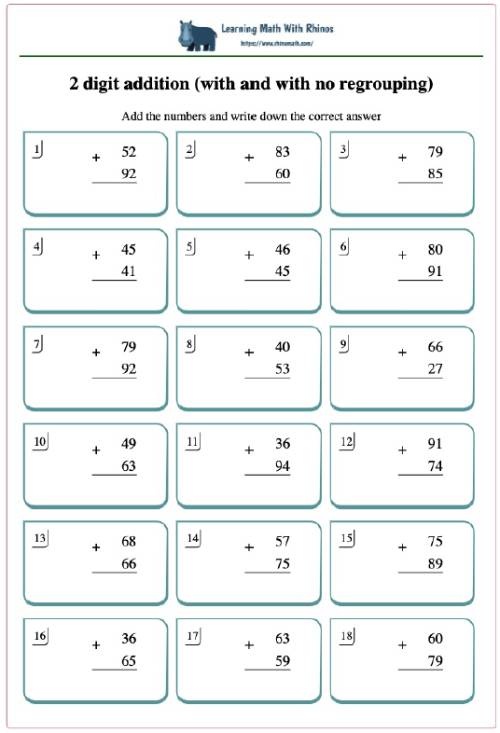 2 digit addition mixed (with and without regrouping) - RhinoMath.com ...