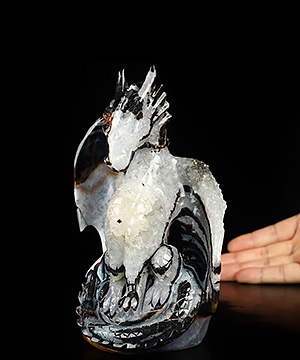 6.7" Black Zebra Agate Hand Carved Crystal Dragon Sculpture, Crystal Healing