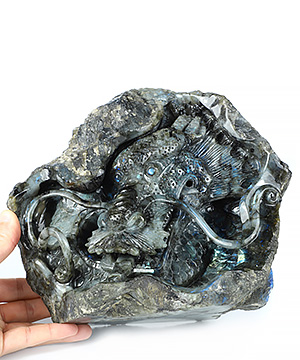 9.6" Flash Labradorite Hand Carved Crystal Dragon Sculpture, Crystal Healing