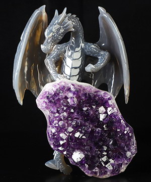 Amazing 10.0" Agate Amethyst Druse Hand Carved Crystal Dragon Sculpture, Crystal Healing