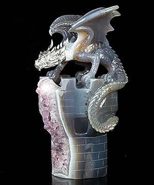 Awesome 8.7" Premium Brazilian Agate Hand Carved Crystal Dragon & Silver Head Sculpture, Crystal Healing