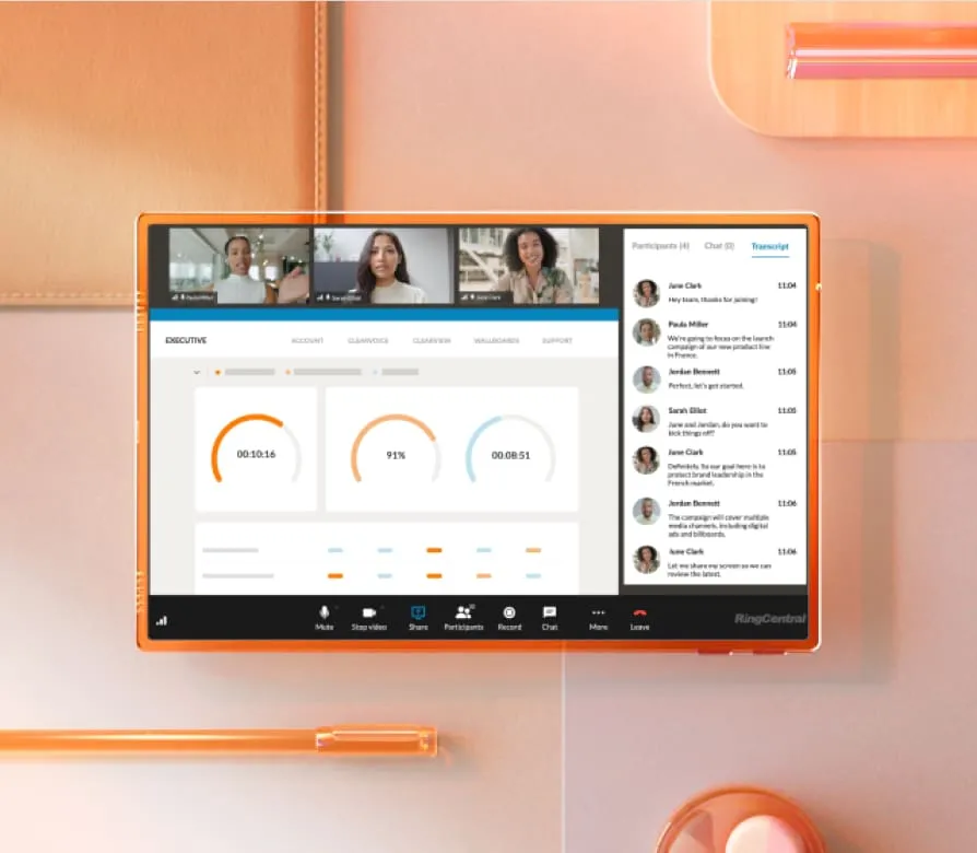 A RingCentral Video meeting with three participants and a contact center dashboard below showing progress charts and a sidebar with a team chat panel.