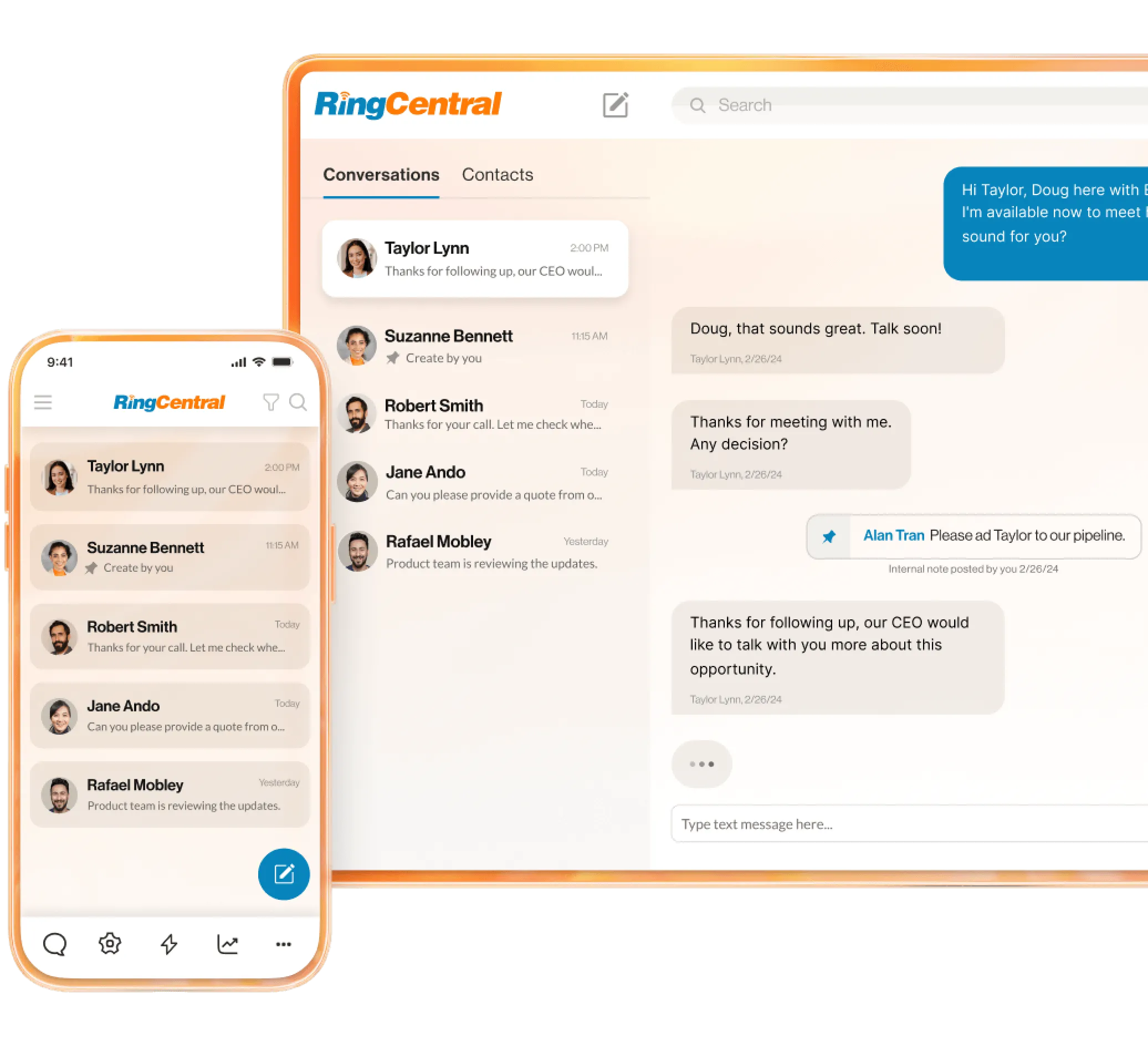 The conversations tab of RingCentral Business SMS on the RingCentral App for desktop and mobile